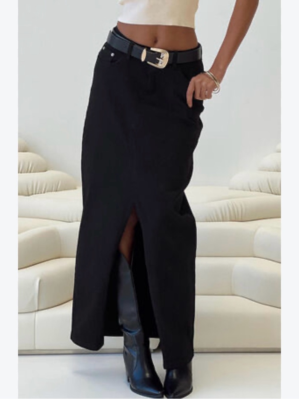 PRINCESS POLLY BLACK DENIM MAXI SKIRT